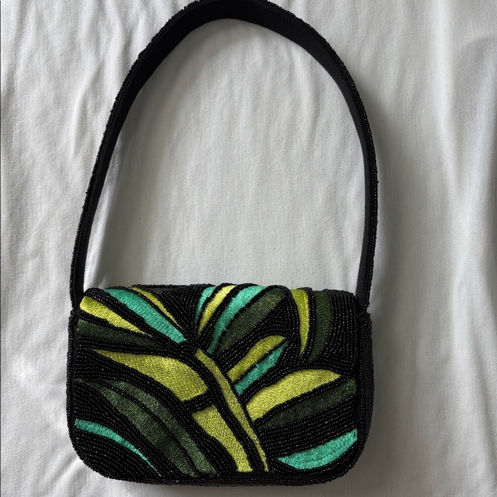 Beaded Black Green Multicolor Shoulder Bag Purse - Picture 3 of 4
